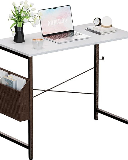 Pamray 32 Inch Computer Desk Small Spaces Desk with Storage Bag for Bedroom Writing and Home Office Work Small Study Desk Table White - LeafyLoom