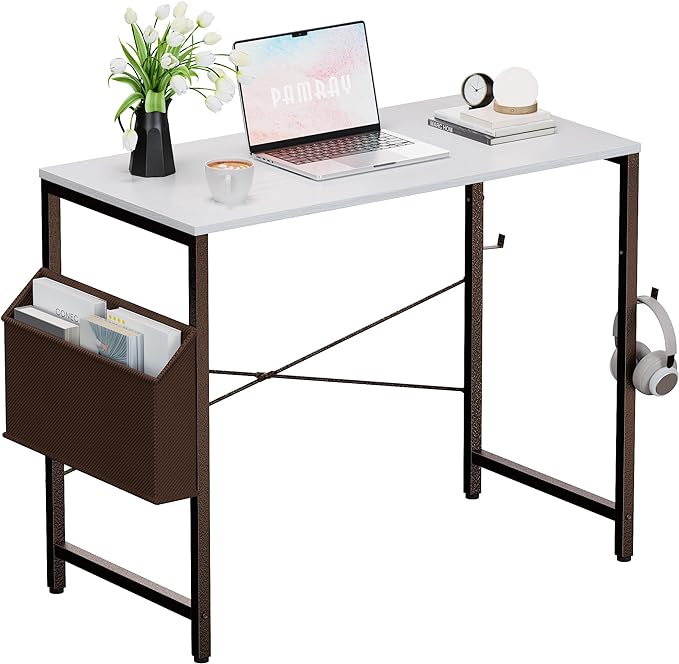 Pamray 32 Inch Computer Desk Small Spaces Desk with Storage Bag for Bedroom Writing and Home Office Work Small Study Desk Table White - LeafyLoom