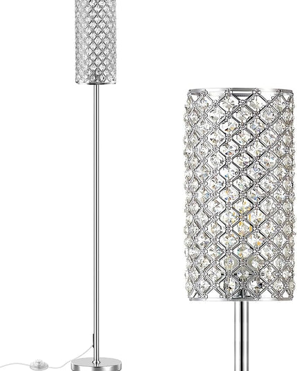 Crystal Floor Lamps - Modern Silver Standing Lamp with 3 CCT LED Bulbs for Elegant Home Decor Living Room and Bedroom Lighting - LeafyLoom