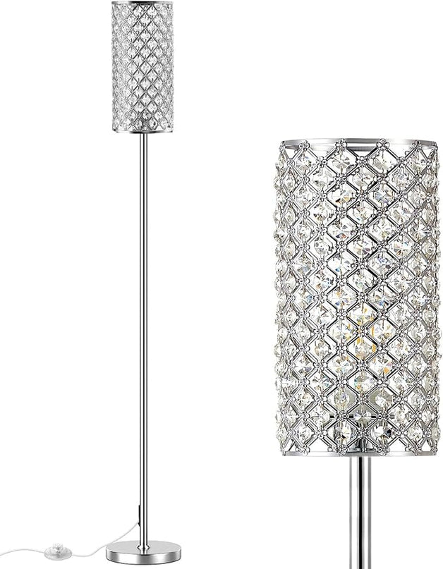 Crystal Floor Lamps - Modern Silver Standing Lamp with 3 CCT LED Bulbs for Elegant Home Decor Living Room and Bedroom Lighting - LeafyLoom