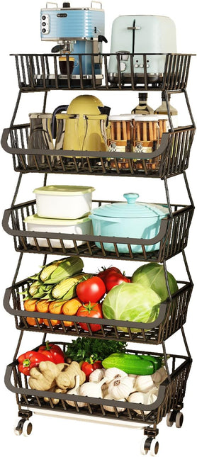 Wisdom Star 5 Tier, Kitchen Fruit Vegetable Storage Cart, Vegetable Basket Bins for Onions and Potatoes, Wire Storage Organizer Utility Cart with Wheels, Black - LeafyLoom