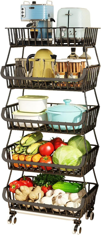 Wisdom Star 5 Tier, Kitchen Fruit Vegetable Storage Cart, Vegetable Basket Bins for Onions and Potatoes, Wire Storage Organizer Utility Cart with Wheels, Black - LeafyLoom