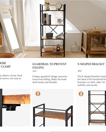 Rustic Bookshelf, 4 Tier Real Wood Bookshelf, Metal Book Shelf for Storage, Black Bookcase, 12.6" D x 23.62" W x 50.39" H - LeafyLoom
