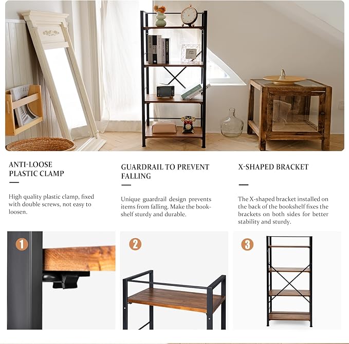Rustic Bookshelf, 4 Tier Real Wood Bookshelf, Metal Book Shelf for Storage, Black Bookcase, 12.6" D x 23.62" W x 50.39" H - LeafyLoom