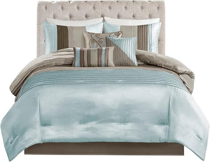 Madison Park Amherst Faux Silk Comforter Set-Casual Contemporary Design All Season Down Alternative Bedding, Matching Shams, Bedskirt, Decorative Pillows, King(104"x92"), Blue, 7 Piece (MP10-043) - LeafyLoom