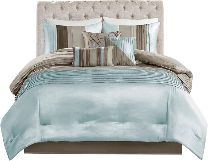 Madison Park Amherst Faux Silk Comforter Set-Casual Contemporary Design All Season Down Alternative Bedding, Matching Shams, Bedskirt, Decorative Pillows, King(104"x92"), Blue, 7 Piece (MP10-043) - LeafyLoom