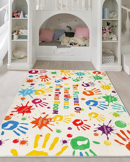 Colorful Kids Rug, Washable Rug for Kids, Handprints Area Rugs for Kids Bedroom, Non-Slip Play Mat Ultra Soft Thick Indoor Plush Rugs for Playroom Classroom Nursery Decor (59 X 39.4 INCH) - LeafyLoom