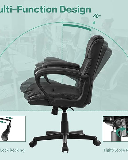 Executive Office Chair Swivel Task Seat with Ergonomic Mid-Back, Waist Support, PU Leather, Black - LeafyLoom
