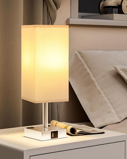 Touch Bedside Table Lamp For Nightstand - 3-Way Dimmable Night Lamp with USB A + Type C Charging Ports and two AC Outlets, Small Desk Light with E26 LED Bulb for Bedroom Living Room Dorm Office - LeafyLoom