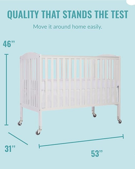 Folding Full Size Convenience Crib In White, Two Adjustable Mattress Height Positions, Comes With Heavy Duty Locking Wheels, Flat Folding Crib - LeafyLoom