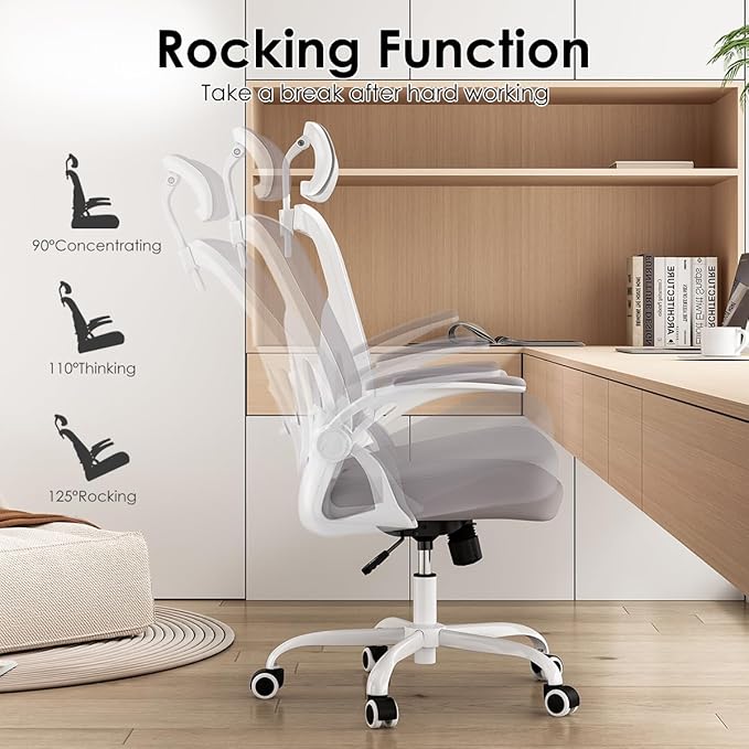 Farini Ergonomic Office Chair, Home Office Desk Chair with Headrest, High Back Computer Chair with Flip-up Armrests and Adjustable Lumbar Support.for Home Office Study Room Bedroom, Gray. - LeafyLoom
