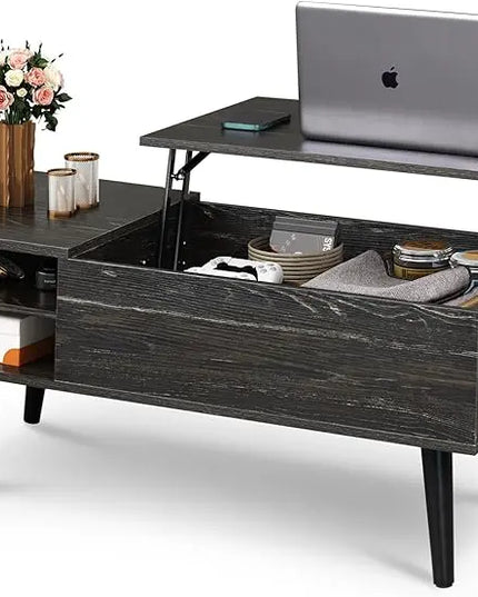 WLIVE Wood Lift Top Coffee Table with Hidden Compartment and Adjustable Storage Shelf, Lift Tabletop Dining Table for Home Living Room, Office, Charcoal Black - LeafyLoom