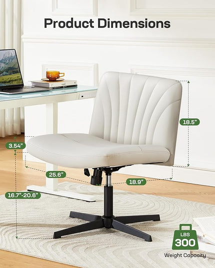 Marsail Cross Legged Office Chair: PU Leather Criss Cross Desk Chair Wide Armless Desk Chair Swivel Height Adjustable Vanity Chair for Make Up,Small Space,Bed Room(Light Beige) - LeafyLoom