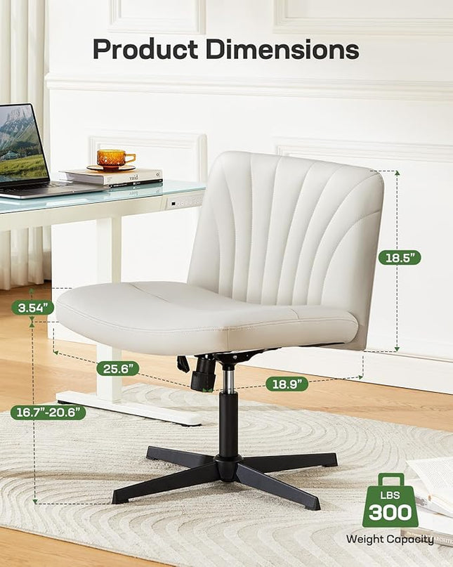 Marsail Cross Legged Office Chair: PU Leather Criss Cross Desk Chair Wide Armless Desk Chair Swivel Height Adjustable Vanity Chair for Make Up,Small Space,Bed Room(Light Beige) - LeafyLoom