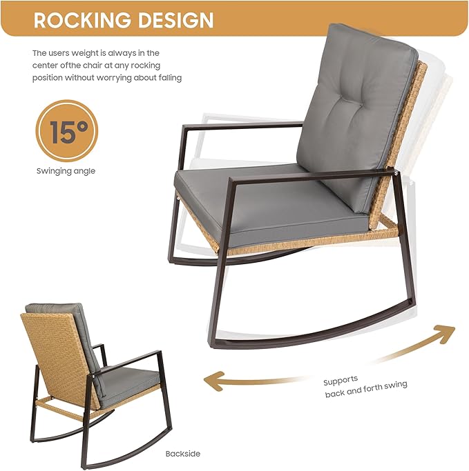 YIYAN 3 Piece Bistro Set Outdoor Patio Rocking Wicker Chairs, Patio Outdoor Furniture Conversation Sets with Porch Chairs,Coffee Table and Washable Cushion(Gray) - LeafyLoom