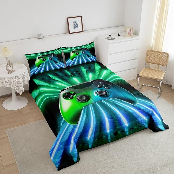 Erosebridal Green Blue Gamepad Comforter Set, Game Player Bedding Set Full Size Modern Gamer Gaming Quilted Duvet Neon Trippy Duvet Set for Kids Boys Girls Teens Young Man Room Decorative - LeafyLoom