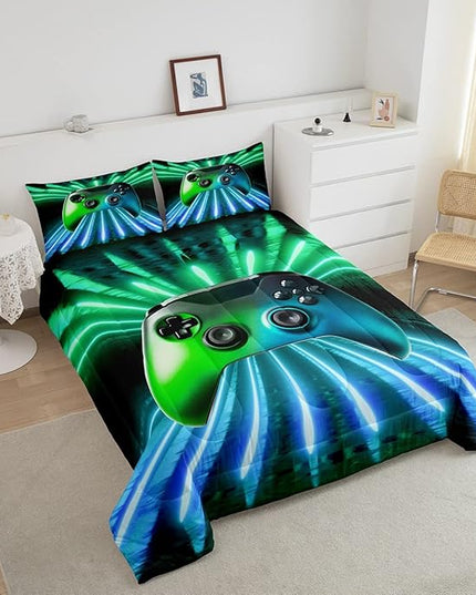 Erosebridal Green Blue Gamepad Comforter Set, Game Player Bedding Set King Size Modern Gamer Gaming Quilted Duvet Neon Trippy Duvet Set for Kids Boys Girls Teens Young Man Room Decorative - LeafyLoom