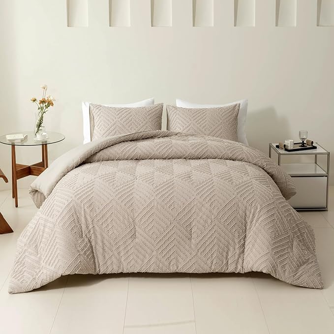 Queen Comforter Set Khaki, Boho Comforter Set 3 Pieces, All Season Tufted Queen Size Bed Comforter Set (90x90In Comforter & 2 Pillowcases) - LeafyLoom