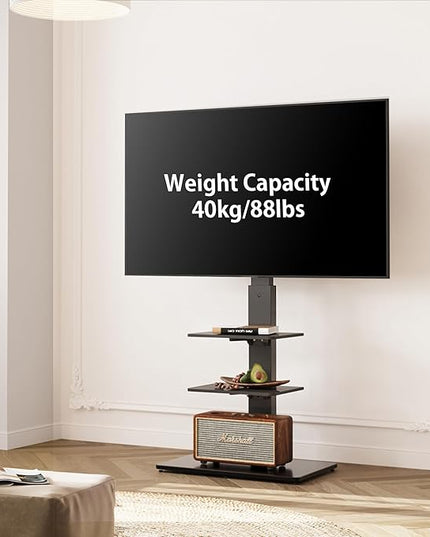 FITUEYES Swivel Floor TV Stand with Mount for TVs 37 43 50 55 60 65 70 75 Inch LCD LED Flat/Curved Screens Universal Swivel Televisions TV Mount Stand for Bedroom Living Room Black Tempered Glass Base - LeafyLoom