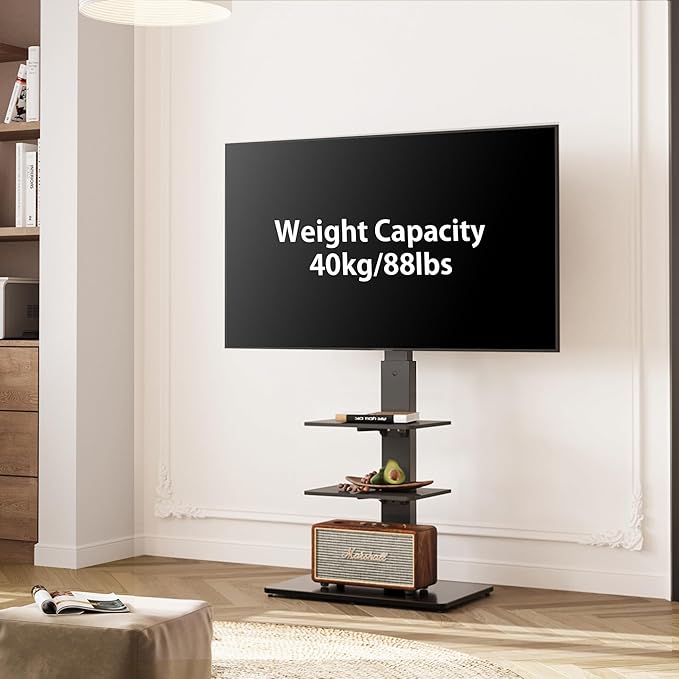 FITUEYES Swivel Floor TV Stand with Mount for TVs 37 43 50 55 60 65 70 75 Inch LCD LED Flat/Curved Screens Universal Swivel Televisions TV Mount Stand for Bedroom Living Room Black Tempered Glass Base - LeafyLoom