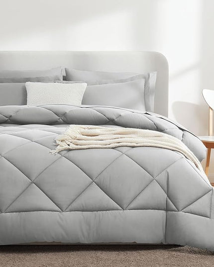 CozyLux Twin Bed in a Bag Comforter Set with Sheets 5-Pieces for Girls and Boys Light Grey All Season Bedding Sets with Comforter, Pillow Sham, Flat Sheet, Fitted Sheet and Pillowcase - LeafyLoom
