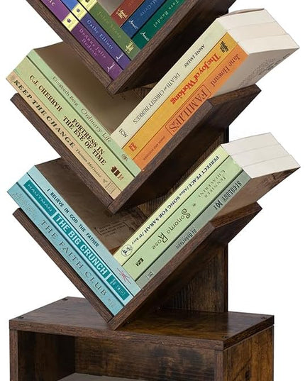 ruboka 5-Shelf Tree Bookshelf with Storage, 37.9-Inch Retro Floor Standing Bookcase Display for CDs/Magazine/Books, Small Bookshelf for Bedroom, Living Room, Office, Brown Storage Shelves - LeafyLoom