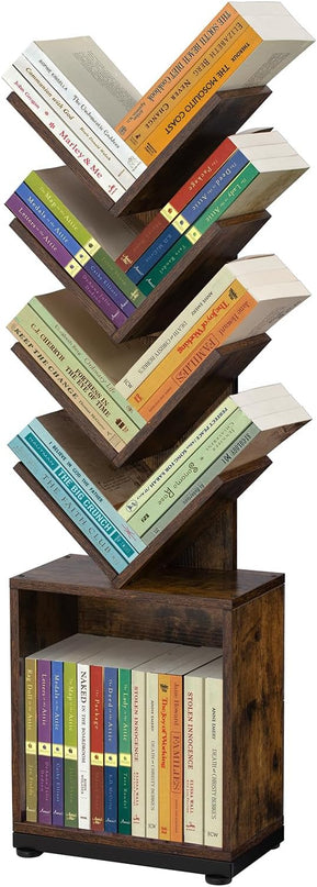 ruboka 5-Shelf Tree Bookshelf with Storage, 37.9-Inch Retro Floor Standing Bookcase Display for CDs/Magazine/Books, Small Bookshelf for Bedroom, Living Room, Office, Brown Storage Shelves - LeafyLoom