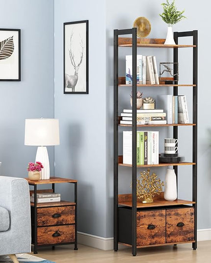 Furologee 6-Tier Bookshelf, Tall 71" Rustic Bookcase with 2 Drawers Storage Organizer, Industrial Display Free Standing Shelf Units, Wood and Metal Storage Rack for Home Office, Bedroom, Rustic Brown - LeafyLoom