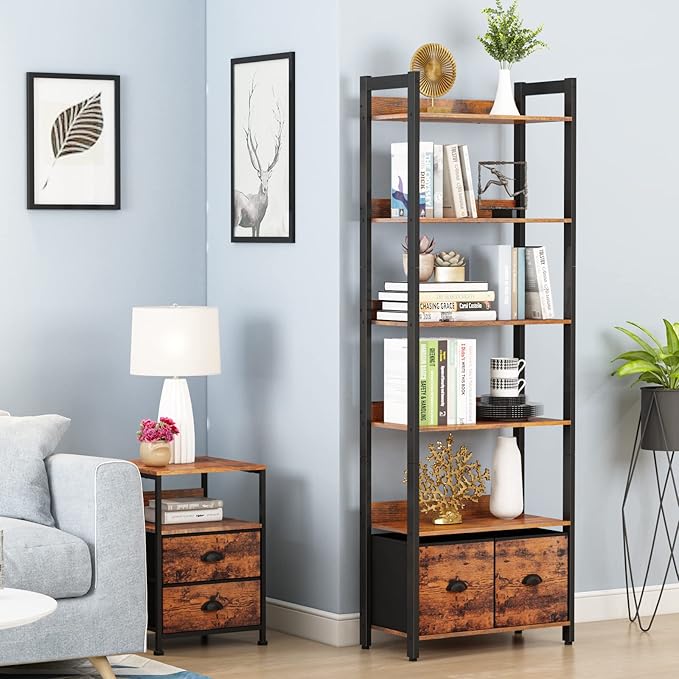 Furologee 6-Tier Bookshelf, Tall 71" Rustic Bookcase with 2 Drawers Storage Organizer, Industrial Display Free Standing Shelf Units, Wood and Metal Storage Rack for Home Office, Bedroom, Rustic Brown - LeafyLoom