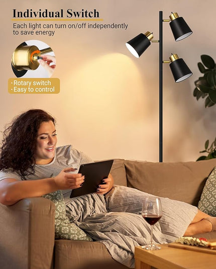 QiMH Tree Floor Lamps for Living Room, 67" Modern Standing Floor Lamp with 3 LED Bulb, Industrial Tall Lamp Reading Lighting for Bedroom Study Office Decor, 3 Rotatable Light Heads, Black Gold - LeafyLoom