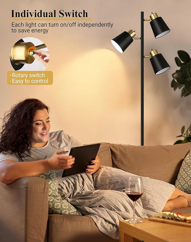 QiMH Tree Floor Lamps for Living Room, 67" Modern Standing Floor Lamp with 3 LED Bulb, Industrial Tall Lamp Reading Lighting for Bedroom Study Office Decor, 3 Rotatable Light Heads, Black Gold - LeafyLoom