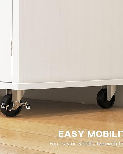 HOMCOM Kitchen Island on Wheels, Rolling Cart with Rubberwood Top, Spice Rack, Towel Rack and Drawers for Dining Room, Distressed White - LeafyLoom