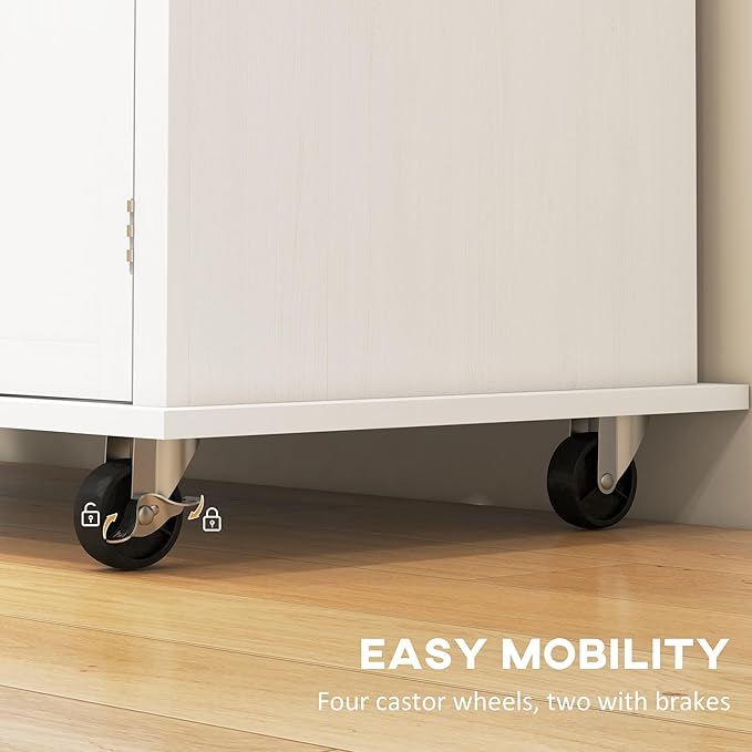 HOMCOM Kitchen Island on Wheels, Rolling Cart with Rubberwood Top, Spice Rack, Towel Rack and Drawers for Dining Room, Distressed White - LeafyLoom