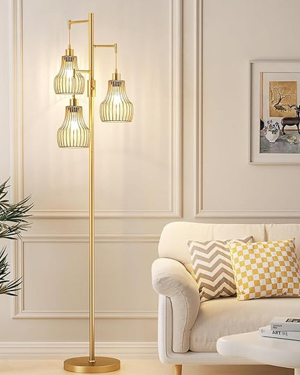 Dimmable Gold Floor Lamps for Living Room, Industrial Tree Standing Tall Lamps with 3 Elegant Cage Shade & 800 Lumens LED Bulbs for Bedroom Office - LeafyLoom