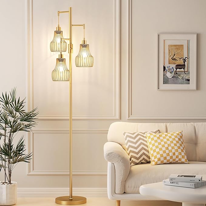 Dimmable Gold Floor Lamps for Living Room, Industrial Tree Standing Tall Lamps with 3 Elegant Cage Shade & 800 Lumens LED Bulbs for Bedroom Office - LeafyLoom