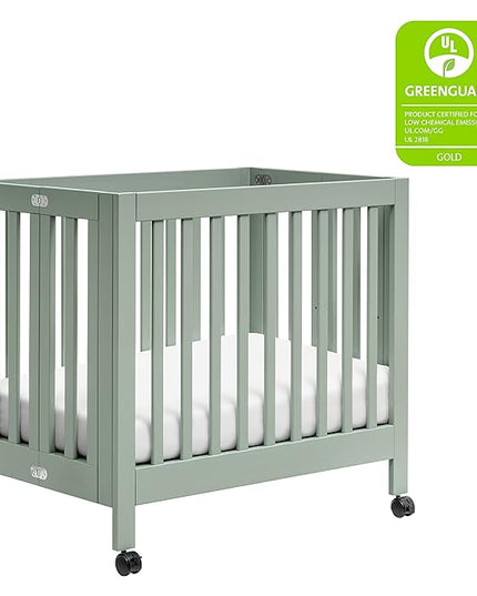 Babyletto Origami Mini Portable Crib Folding with Wheels in Light Sage, 2 Adjustable Mattress Positions, Greenguard Gold Certified - LeafyLoom
