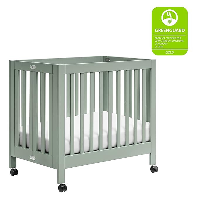 Babyletto Origami Mini Portable Crib Folding with Wheels in Light Sage, 2 Adjustable Mattress Positions, Greenguard Gold Certified - LeafyLoom