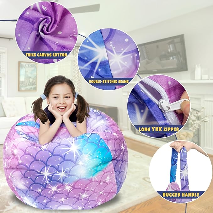 Stuffed Animal Storage Bean Bag Chair Cover, Hold Kids Plush Toys Blankets Towels Beanbag (Cover Only), Floor Circle Stuff Sit Seat Sofa with YKK Zipper, Extra Large 38", Classic Mermaid - LeafyLoom