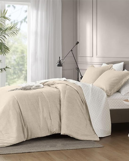 7 Pieces Beige Bedding Sets with Comforter, Modern Farmhouse Bed in a Bag King Size, Solid Lightweight Comforter Set with Sheets, Pillowcases & Shams - LeafyLoom