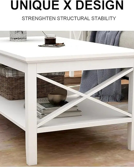 ChooChoo White Coffee Table Classic X Design for Living Room, Rectangular Modern Cocktail Table with Storage Shelf, 39 Inch - LeafyLoom