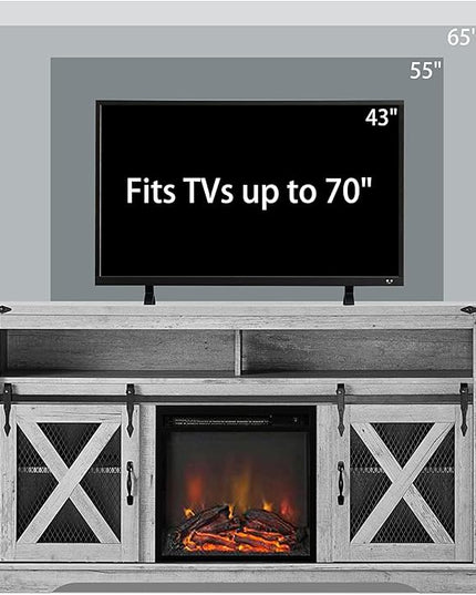Okvnbjk Fireplace TV Stand for TVs up to 70", Entertainment Center with 18" Electric Fireplace, Farmhouse TV Stand Industrial Media Console with Sliding Barn Door for Living Room, 58 Inch, White Oak - LeafyLoom