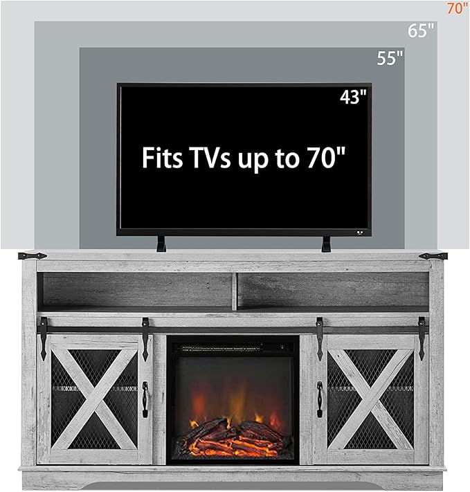 Okvnbjk Fireplace TV Stand for TVs up to 70", Entertainment Center with 18" Electric Fireplace, Farmhouse TV Stand Industrial Media Console with Sliding Barn Door for Living Room, 58 Inch, White Oak - LeafyLoom