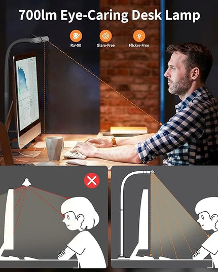 KableRika 12W LED Desk Lamp, Modern Architect Task Lamp with 6 Color Modes, Auto-Dimming, Eye-Care for Home Office, 18.1Inch Wide, 1.5m Cable, Aluminum Alloy, Black - LeafyLoom