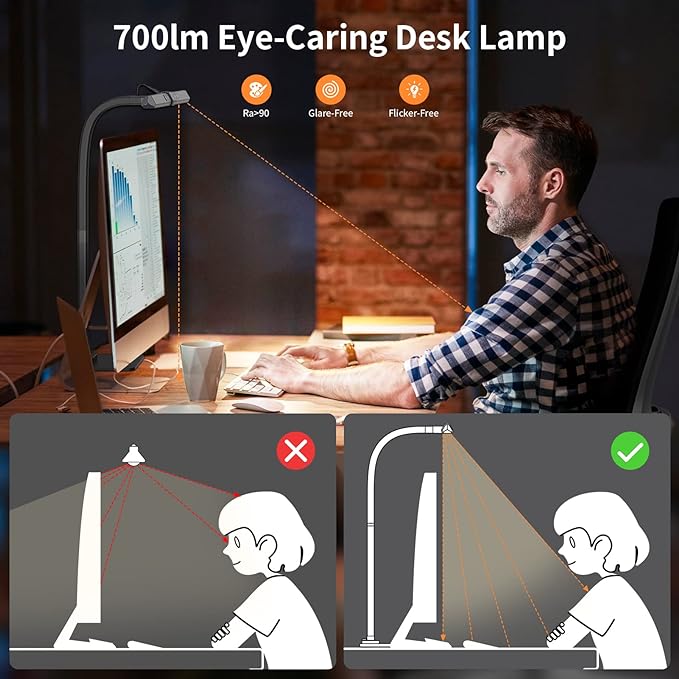 KableRika 12W LED Desk Lamp, Modern Architect Task Lamp with 6 Color Modes, Auto-Dimming, Eye-Care for Home Office, 18.1Inch Wide, 1.5m Cable, Aluminum Alloy, Black - LeafyLoom
