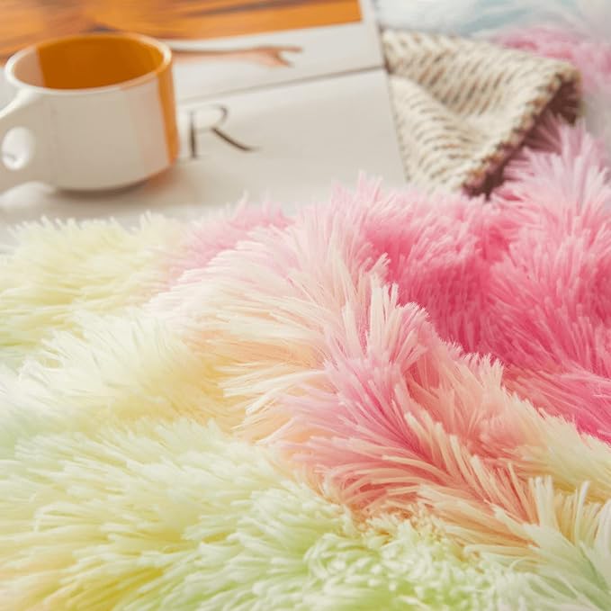FOPPA Rainbow Plush Comforter Cover Set, 3 Pieces (Queen, Tie-Dye), Ultra Soft Faux Fur Bedding - LeafyLoom