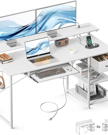 AODK Computer Desk with Keyboard Tray, 55 Inch Office Desk with Power Outlet, Work Desk with Drawer, Reversible Desk with Adjustable Monitor Shelf and Storage Shelf for Home, White - LeafyLoom
