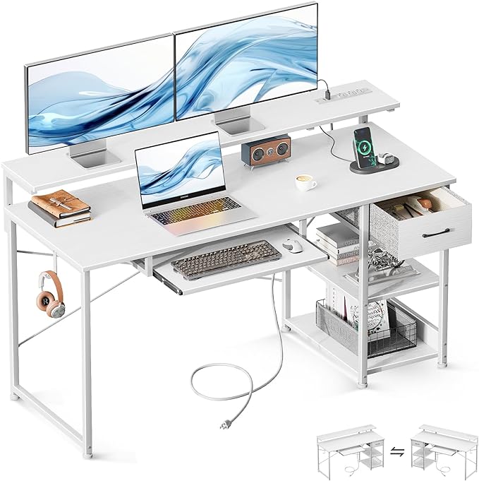 AODK Computer Desk with Keyboard Tray, 55 Inch Office Desk with Power Outlet, Work Desk with Drawer, Reversible Desk with Adjustable Monitor Shelf and Storage Shelf for Home, White - LeafyLoom