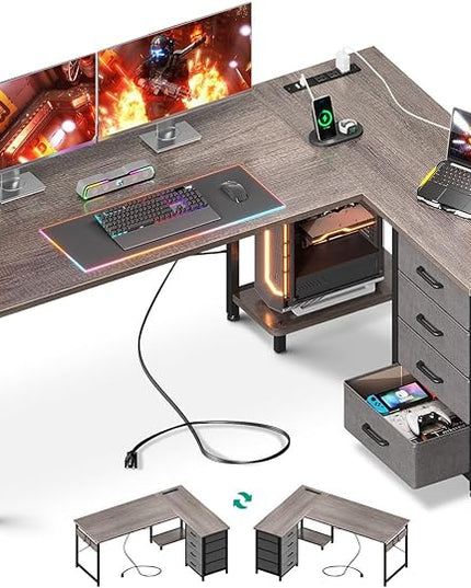 AODK L Shaped Desk with 4 Tier Drawers, 53" Reversible Gaming Desk with Power Outlets, L Shaped Computer Desk with USB Charging Port and Host Stand, Home Office Corner Desk, Easy to Assemble, Grey Oak - LeafyLoom