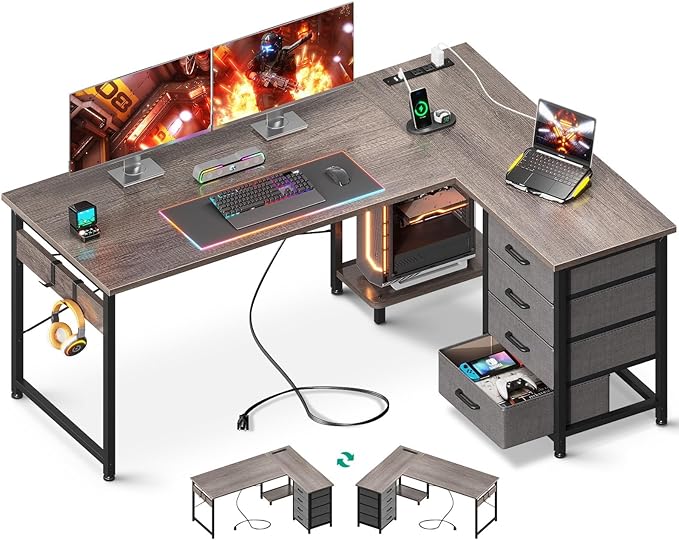 AODK L Shaped Desk with 4 Tier Drawers, 53" Reversible Gaming Desk with Power Outlets, L Shaped Computer Desk with USB Charging Port and Host Stand, Home Office Corner Desk, Easy to Assemble, Grey Oak - LeafyLoom