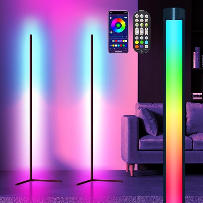 Bodun RGB Corner Floor Lamp 56 inches Smart LED Mood Lighting Bar Ambient Light Tower with Music Sync Floor Lamps for Living Room Remote Control Color Changing - LeafyLoom